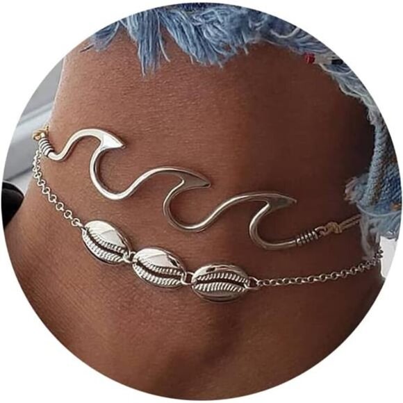 Silver Wave & Shell Anklet Set – Beach-Inspired Boho Jewelry -Beach Vibes Summer - Picture 1 of 5